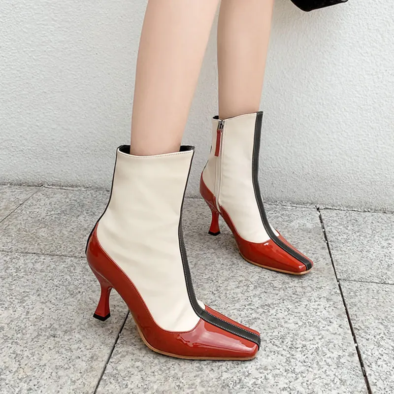 

2019 New Spring Autumn High Heels Women Ankle Boots Multicolor Square Toe Heeled Women Zipper Shoes Woman Party Boots Pumps