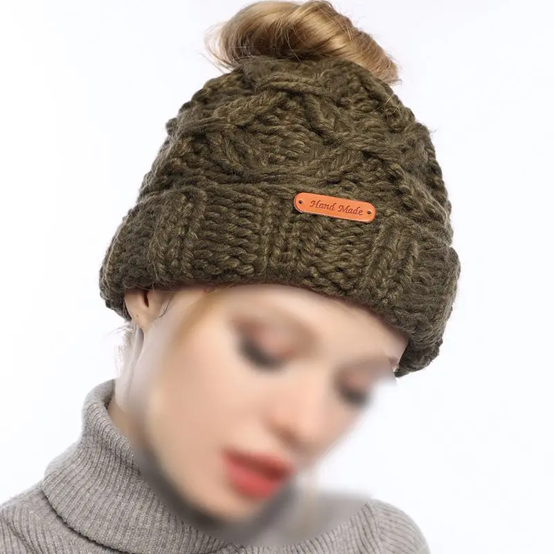 Женская шапка Skullies плюс бархатная шапка набивная вязаная шапка с толстыми складками теплая шерстяная Милая вязаная шапка с конским хвостом