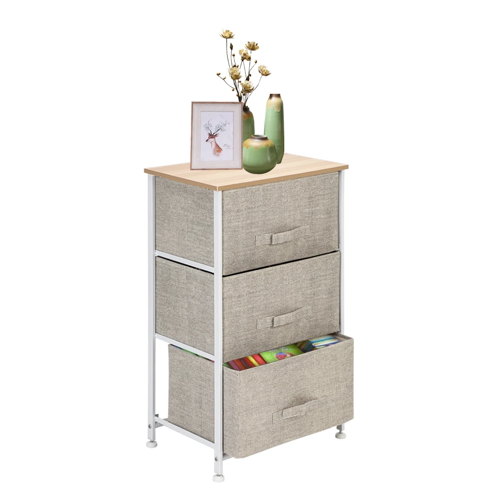 

Non-woven Storage Drawer Storage Unit with 3 Easy Pull Fabric Drawers and Metal Frame Wooden Tabletop for Home Bedoom