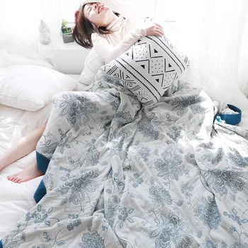 

Five Layer Gauze Summer Thin Printed Air Condition Nap Towel Blanket for Adult Student Deep Sleeping Cozy Cover Blankets