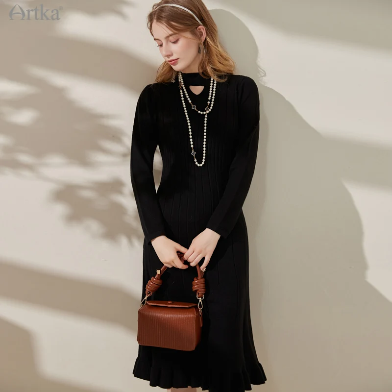 

ARTKA 2021 Winter New 3 Color Elegant O-Neck Knitting Slim Dresses Long Sleeve Midi Ruffle Knitted Sweater Dress Women LB20012D