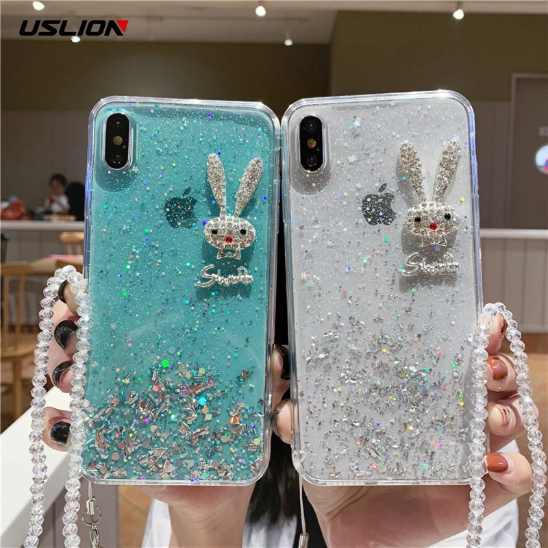

USLION For iPhone11 Case Glitter Rabbit Phone Cover For iPhone X XR XS MAX 7 8 7Plus 6 6S Plus Rope Soft Epoxy Shiny Back Cover