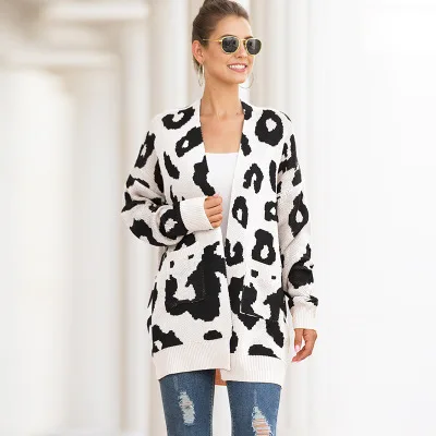 WYHHCJ осень зима Леопардовый вязаный кардиган женский большой размер вязаный свитер кардиган женский элегантный джемпер пальто - Цвет: Белый
