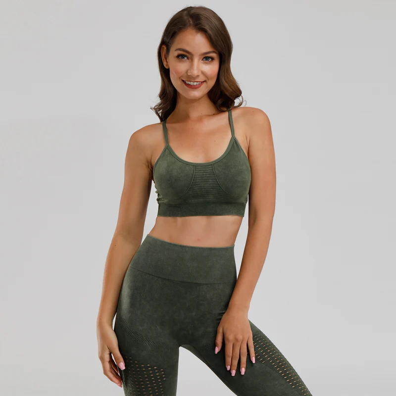 2PCS Retro Yoga Set Sports Wear For Women Workout Gym Clothes Seamless Leggings+Sports Strappy Bra Workout Fitness Sports Suit