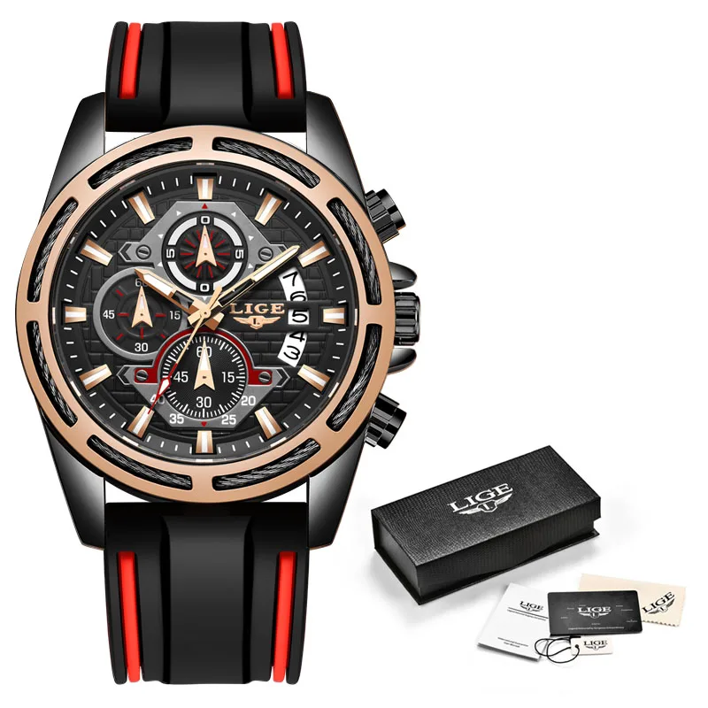 Black rose gold Мужские часы, новинка, LIGE, мужские часы, Топ бренд, Роскошные, мужские спортивные часы, мужские кварцевые часы с датой, водонепроницаемые, Хронограф+ коробка - Цвет: Black rose gold