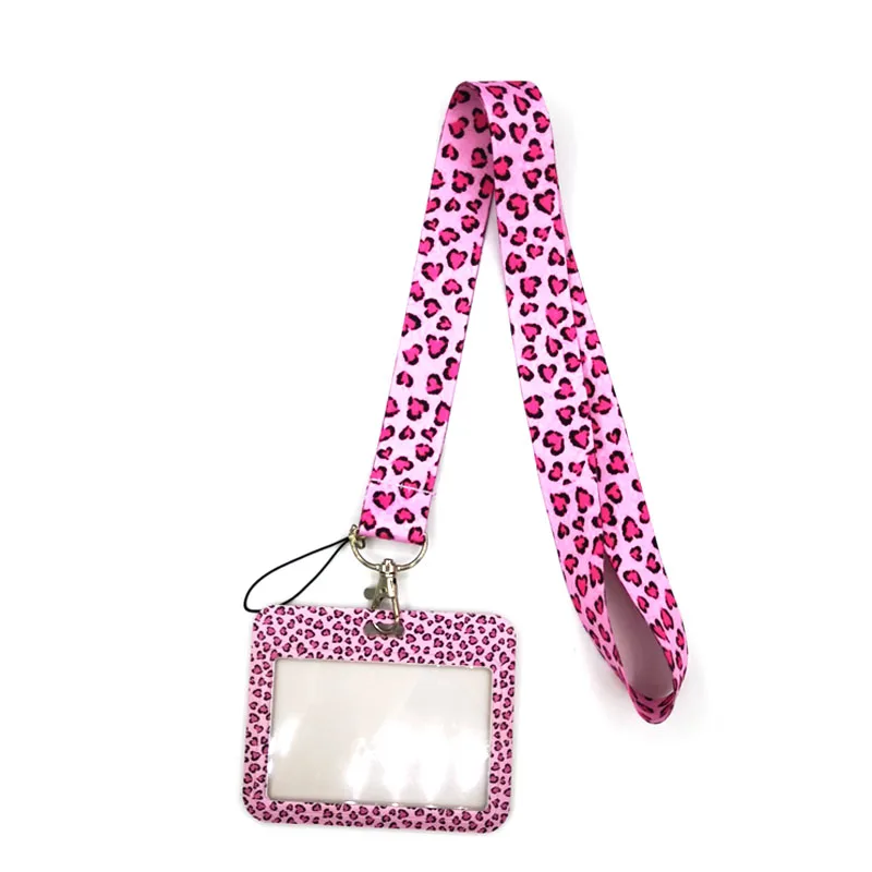 Pink Leopard Print Lanyard Credit Card ID Holder Bag Student Women Travel Card Cover Badge Car Keychain Decorations