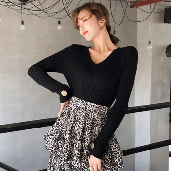 

Women Long Sleeve Sweater Slim Tops Casual Sweater V Neck Knitwear Ladies Top