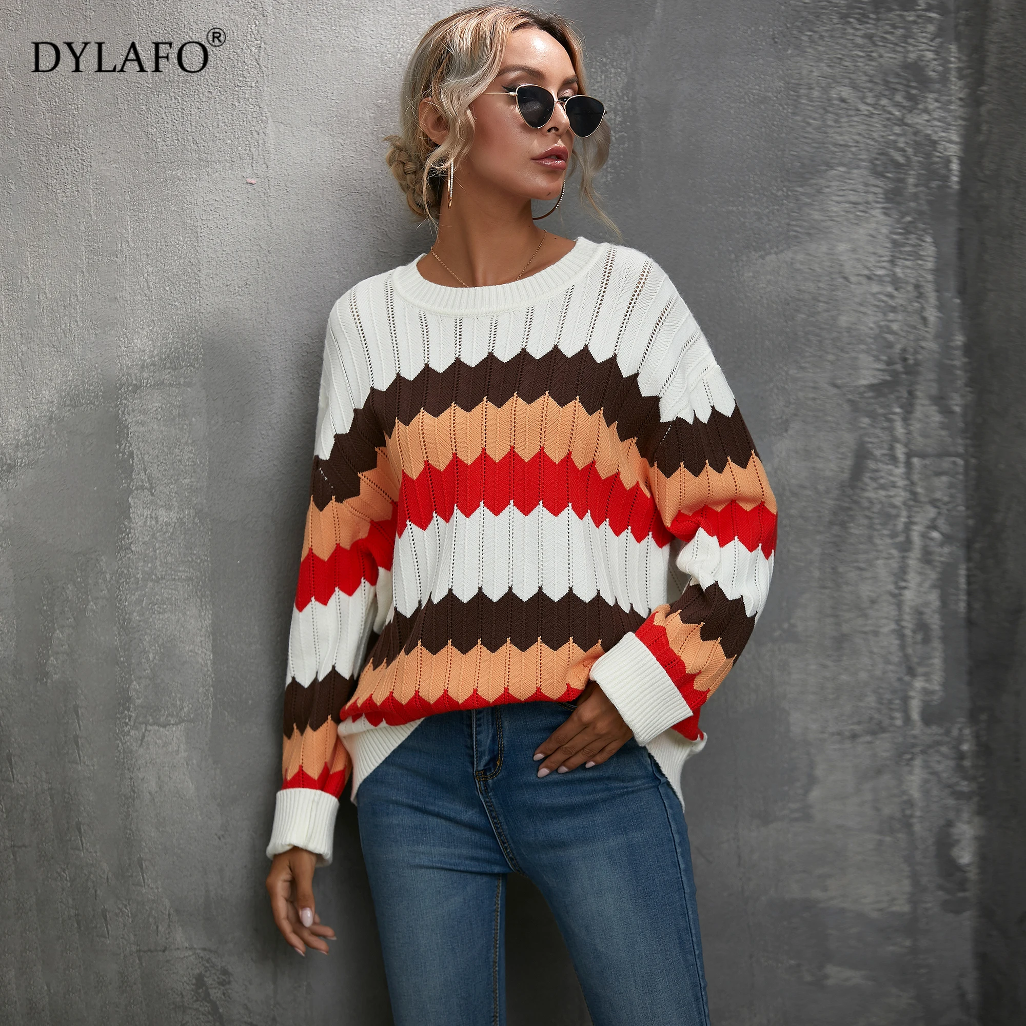 Striped Sweater Color Matching Wavy Pattern Knit