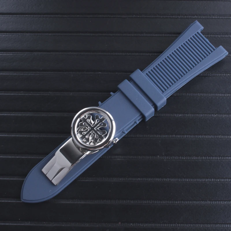 24 мм черный синий коричневый цвет резиновый ремешок для часов подходит для Patek philpe Nautilus - Цвет ремешка: Blue silver buckle