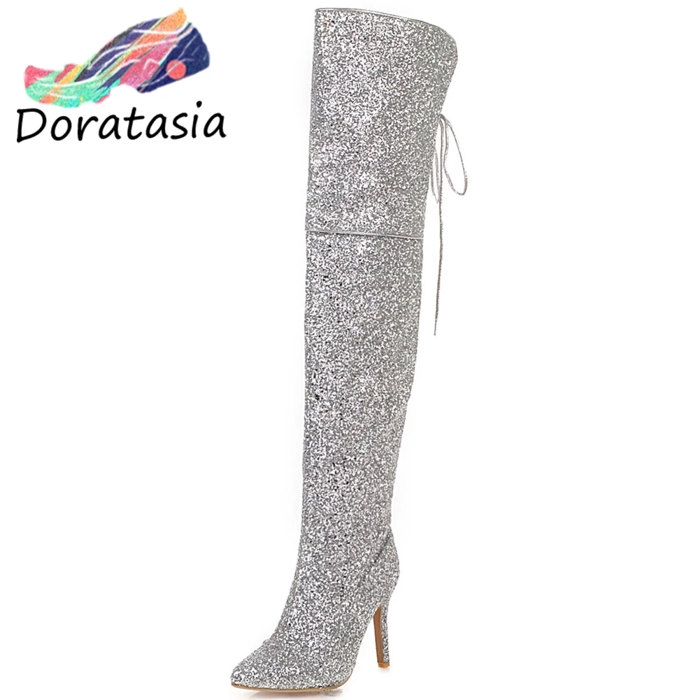 

DORATASIA INS Brand Girl Sexy Pointed Toe Thigh High Boots Shining Glitters over-the-knee Boots Women High Heel Shoes Woman