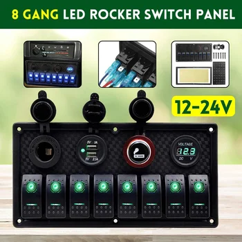 

8 Gang Rocker Switch Panel Circuit Breaker Overload Protected Voltmeter 12V 24V DC USB Charger Port RV Car Boat Marine