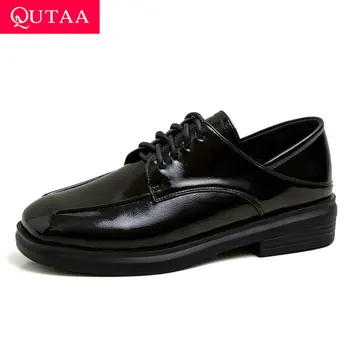 

QUTAA 2020 Square Low Heel Spring Single Shoes Casual Round Toe Lace Up Women Pumps PU Patent Leather Ladies Shoes Size 34-42
