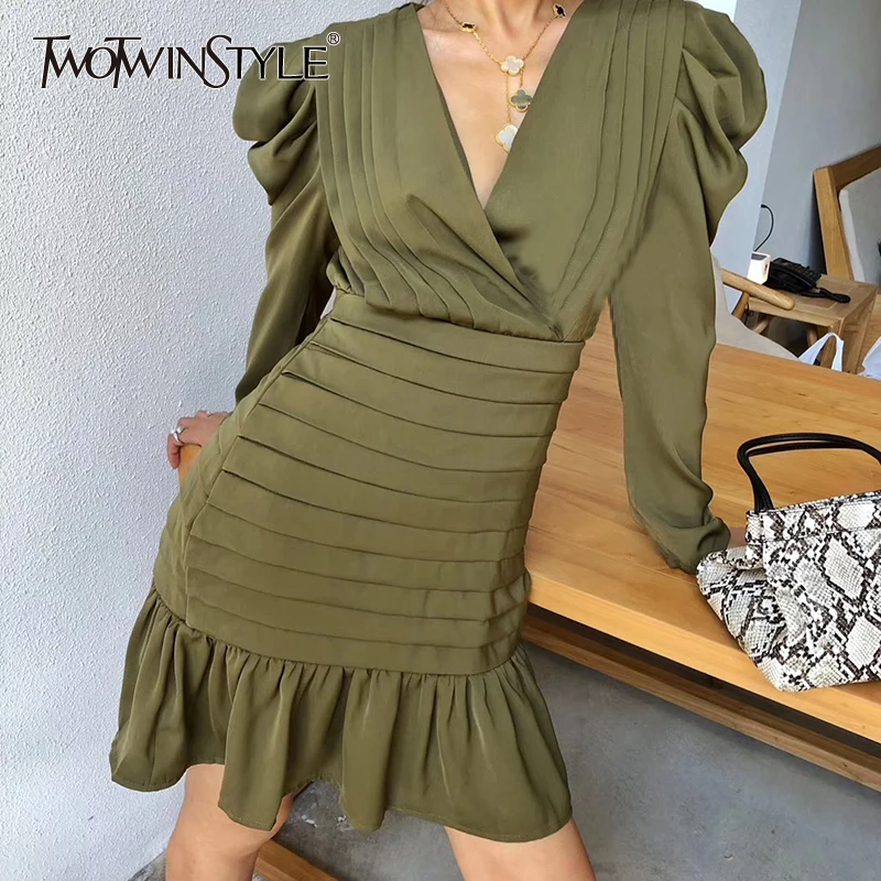 

TWOTWINSTYLE Elegant Dress For Women V Neck Puff Sleeve High Waist Asymmetrical Hem Dresses Female 2019 Autumn Fashion New 2019