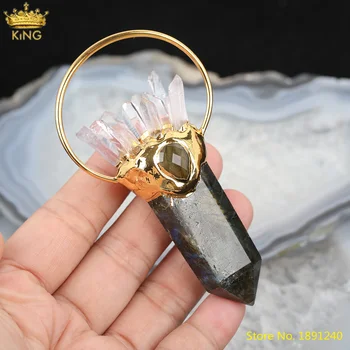

3pcs Natural Flash Labradorite Stone Stick Point Hoop Charms Necklace Jewelry,Inlay Crystal Stick Beads Gold Pendant Jewelry DIY