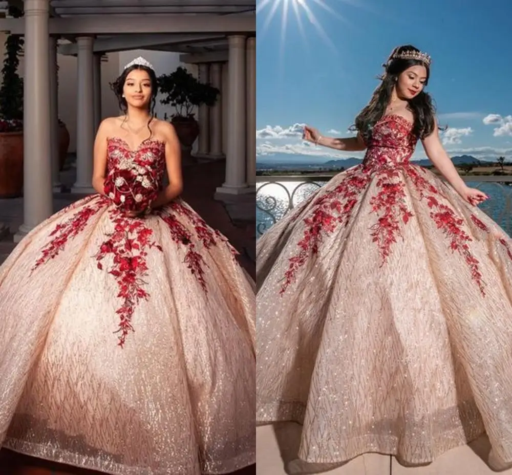 Red with gold quinceanera dresses Outlet
