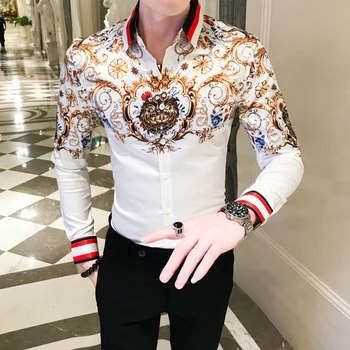 

2019 Autumn New Boutique Fashion Print Mens Slim Casual Long-sleeved Shirts High Quality Comfortable Male Social Shirts