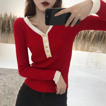 

Women V Neck Pullover Sweater Spring Autumn Basic Sexy Knitted Jumper Top Rib With Button Female Sweater
