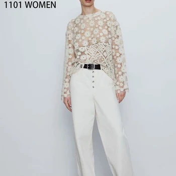 

2020 NEW Summer women‘s beige solid embroidery long sleeve O-Neck shirt fashion casual female woman clothes