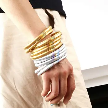 

5Pc Bohemia Glitter Jelly Bangle Bracelet Set Bowtie PU Leather Hoop Bracelets Powder Lining Fashion Jewelry Lightweight