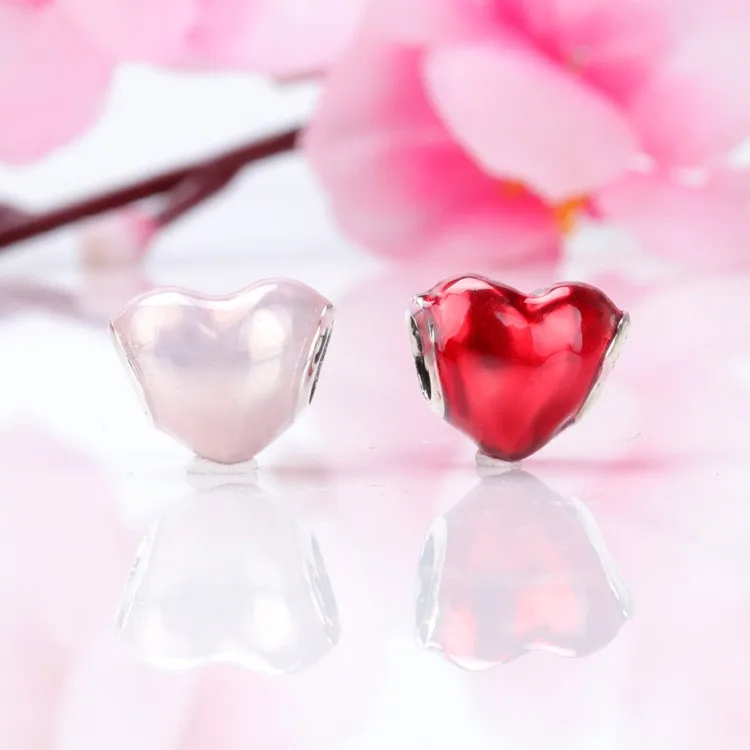

Original 925 Sterling Silver Bead Pink Heart-shaped Enamel Fashion Beads Fit Pandora Women Bracelet & Necklace Diy Jewelry