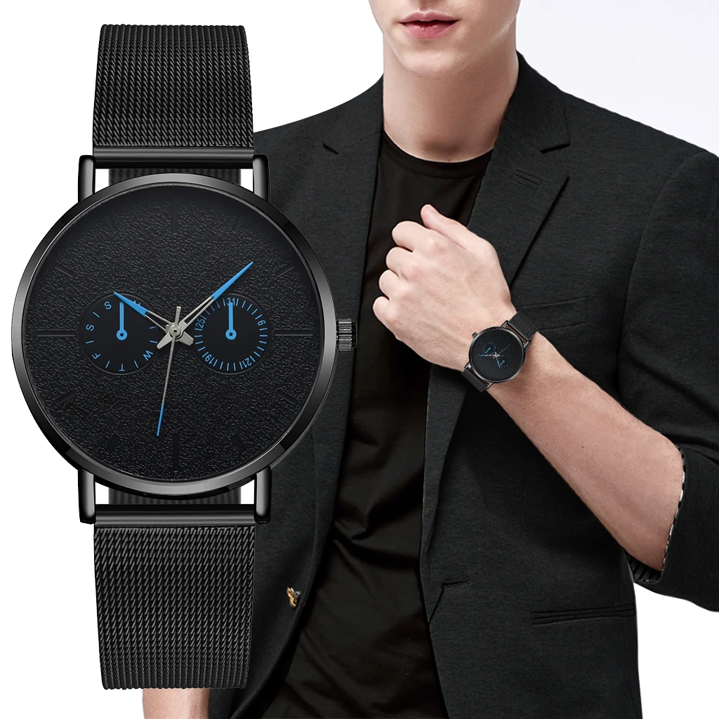 

Men Black Stainless Steel Mesh Belt Business Watches Luxury Men Two Eyes Blue Pointer Sport Quartz Watch Clock Relogio Masculino
