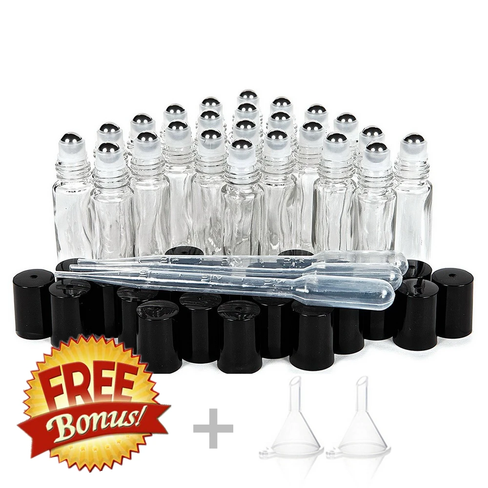 24pcs 10ml Plain Clear Glass Roll on Bottles Empty Stainless Steel Roller Ball Bottle for Essential Oils Lip Gloss Perfume