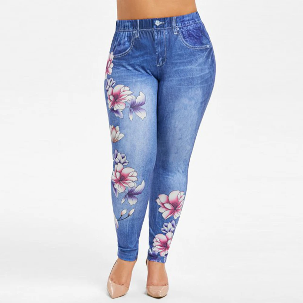 Imitation Denim Pants Women Large Size Flower Print Skinny Jeans for Woman Fashion Lady Mid Waist Jean Pencil Trousers D30