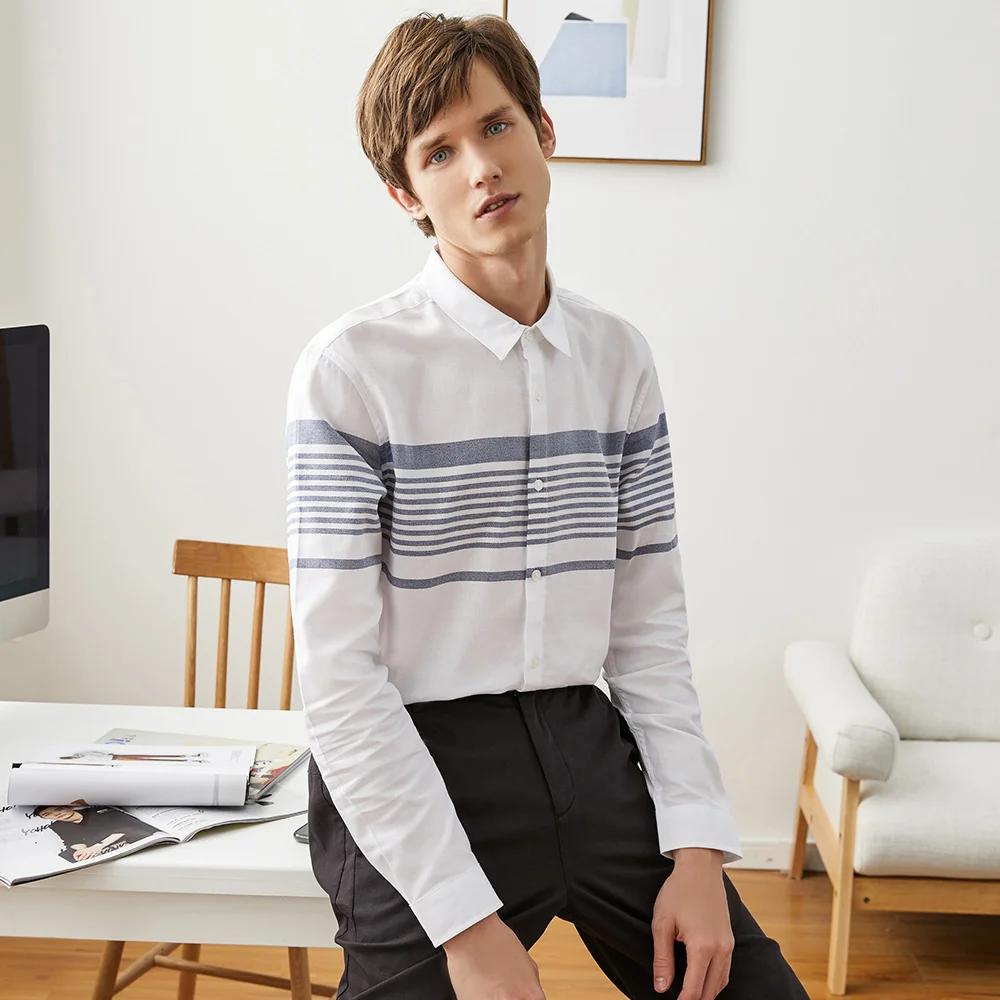 Koop Metersbonwe Merk Mannen Smart Casual Gestreepte Shirts Lente Herfst Mannelijke Slanke Lange Mouwen Shirts Reguliere Katoen Mannelijke Basic Tops