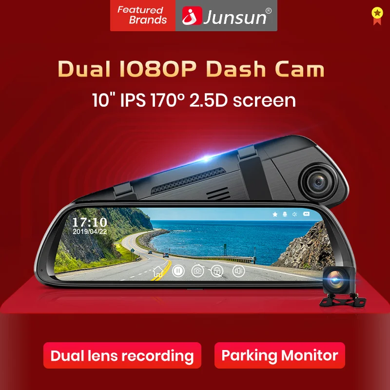 Junsun 9.66" IPS Touch Screen Dual Lens 1080P Car DVR Stream RearView Mirror Dash Camera Dual Lens Night Vision Parking Monitor