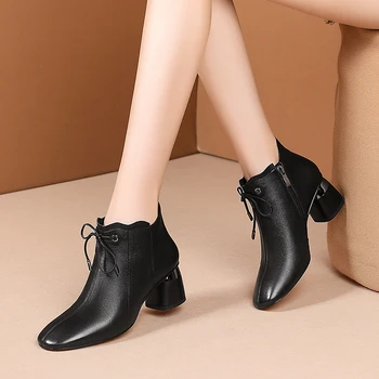 

Female Elegant High Heels Chelsea Boots genuine Leather Women bowties Ankle Boots Warm Big Size Party Prom Shoes Woman