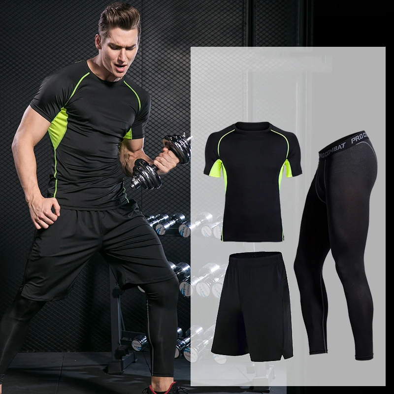 Эластичная компрессионная одежда мужские спортивные костюмы дышащая мужская спортивная одежда штаны для бега тренировки Спорт фитнес набор Толстовка XL - Цвет: Running Suit-GRE