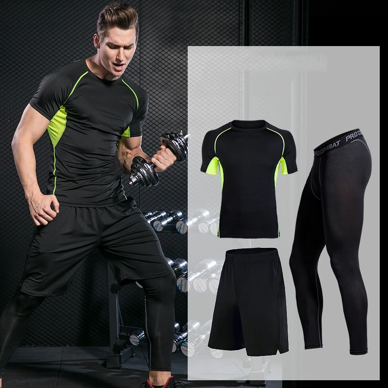 Running Suit-GRE Эластичная компрессионная одежда мужские спортивные костюмы дышащая мужская спортивная одежда штаны для бега тренировки Спорт фитнес набор Толстовка XL - Цвет: Running Suit-GRE