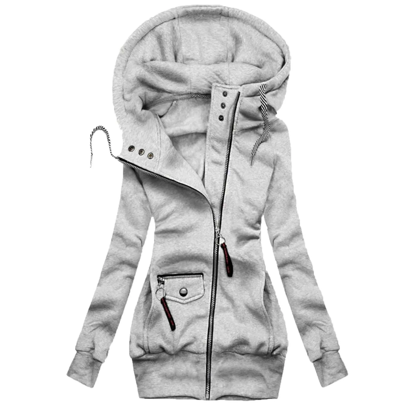 

Hoodie Sweatershirt Outcoat for Women Slim Zipper Solid Color Drawstring Long Hooded Coat Female Slim Hoody Outwear
