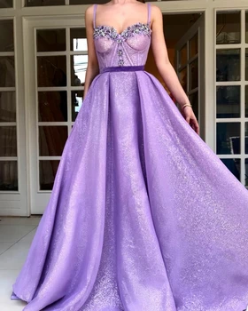

Elegant Muslim Evening Dresses 2019 A-line Spaghetti Straps Sequins Beaded Islamic Dubai Saudi Arabia Long Evening Gown Prom