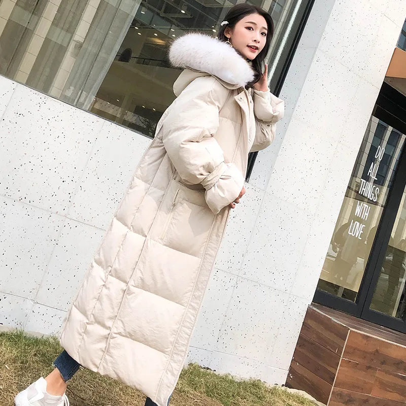 Koreaanse Vrouwen Maxi Lange Duck Down Jassen 2019 Winter Zoete dame Natuur Fur Hooded Parka Dikke Losse Bovenkleding Jassen kleding