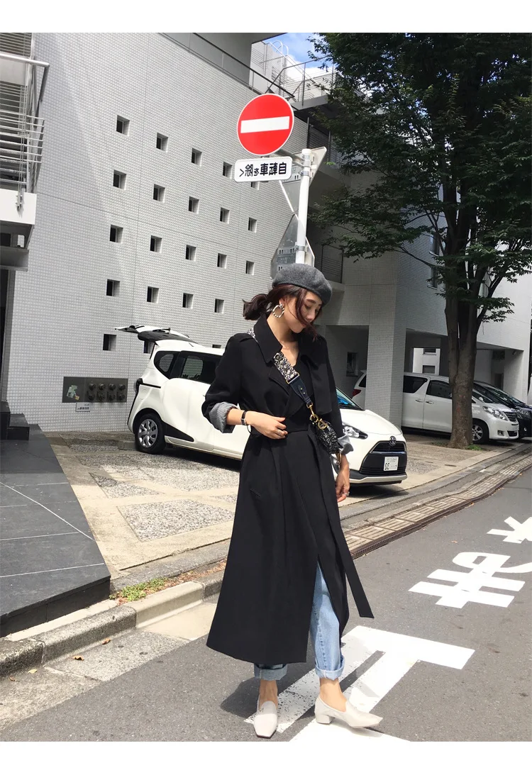 Весеннее женское длинное пальто с отложным воротником Harajuku женский черный бежевый плащ Casaco Feminino Abrigo Mujer Тренч Femme