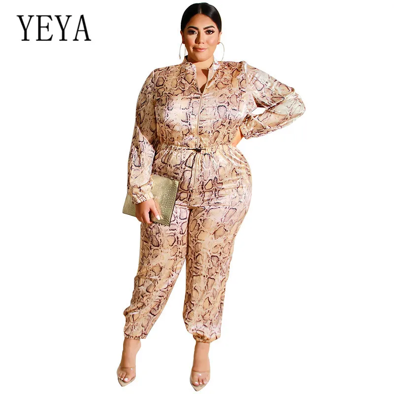 

YEYA Women Plus Size 4XL 5XL Casual Leopard Pull The Rope Jumpsuits Elegant Long Sleeve Solid Bodycon Playsuits Big Size 5XL