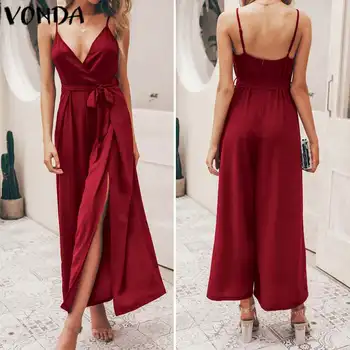 

VONDA 2020 Casual Jumpsuits Plus Size Women Sexy V Neck Solid Wide Leg Pants Beach Long Playsuit Summer Overalls S-5XL Pants