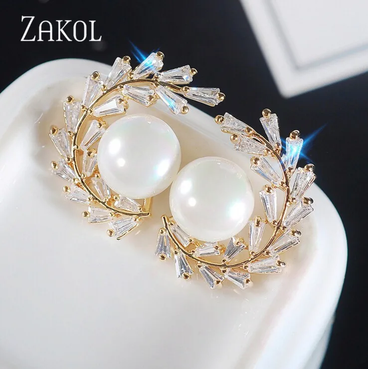 Gold Color ZAKOL высокое качество AAA прозрачный цвет кубического циркония камень цветок серьги гвоздики для женщин модные жемчужные свадебные украшения FSEP3333 - Окраска металла: Gold Color