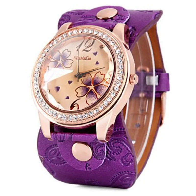 Womage Женские часы модные часы с большим циферблатом женские часы со стразами для женщин кожаный ремешок кварцевые часы reloj mujer horloge dames