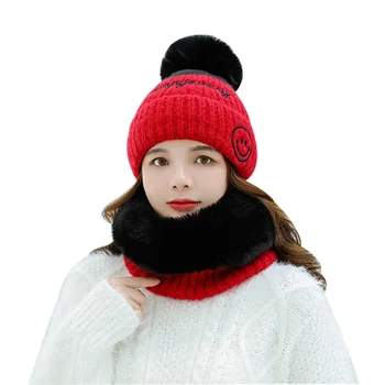 

Autumn Winter Scarves and Hats 2/set Fashion Faux Fur Women's O-Neck Collar Wrap Scarf Ski Warm Cap Plus Velvet Female Beanies