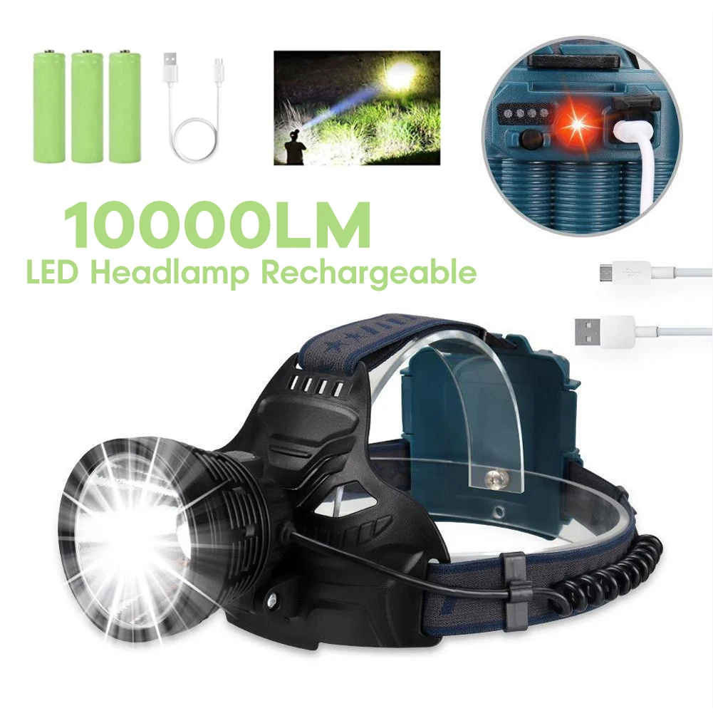 10000 LM Super Bright Headlamps Rechargeable Led Head Lamp 18650