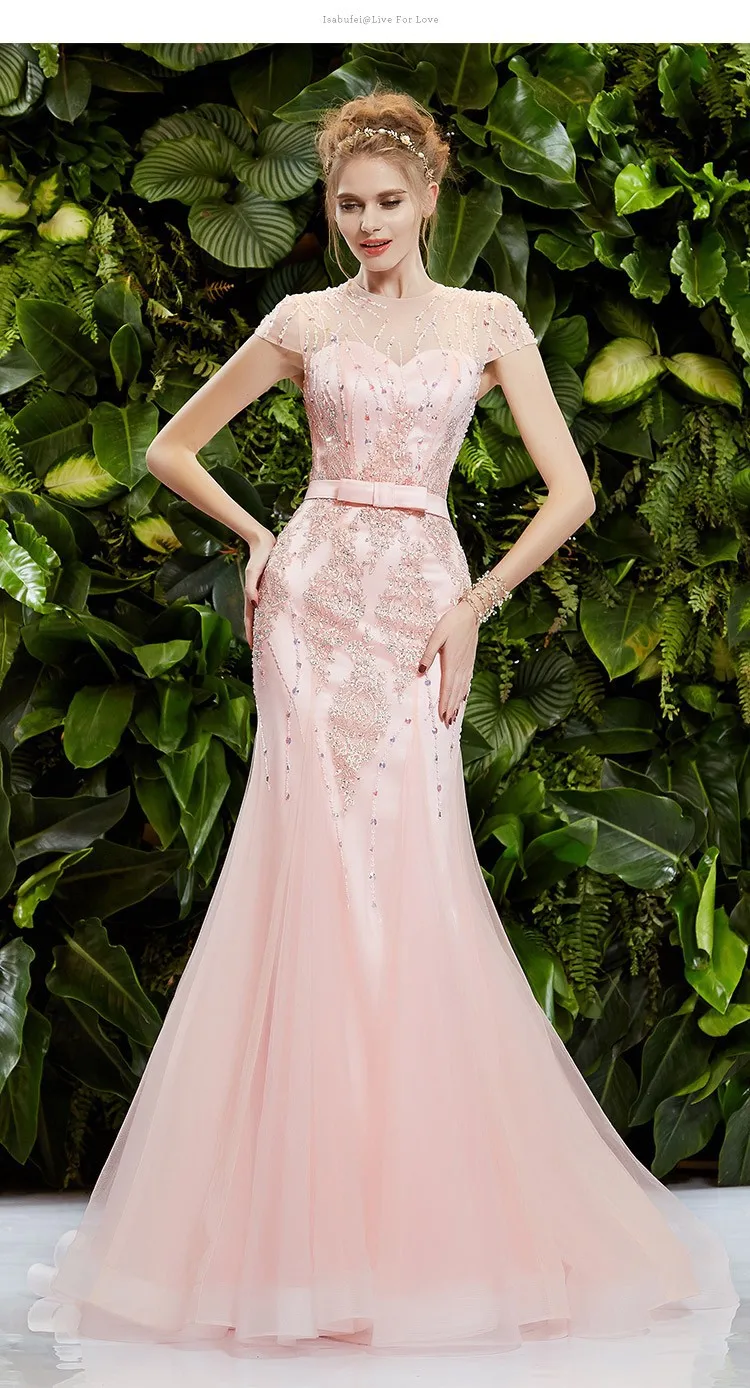Vestido de festa longo Горячее предложение, сексуальные вечерние платья с бисером и коротким рукавом, розовое длинное вечернее платье русалки для выпускного вечера, платья для матери невесты