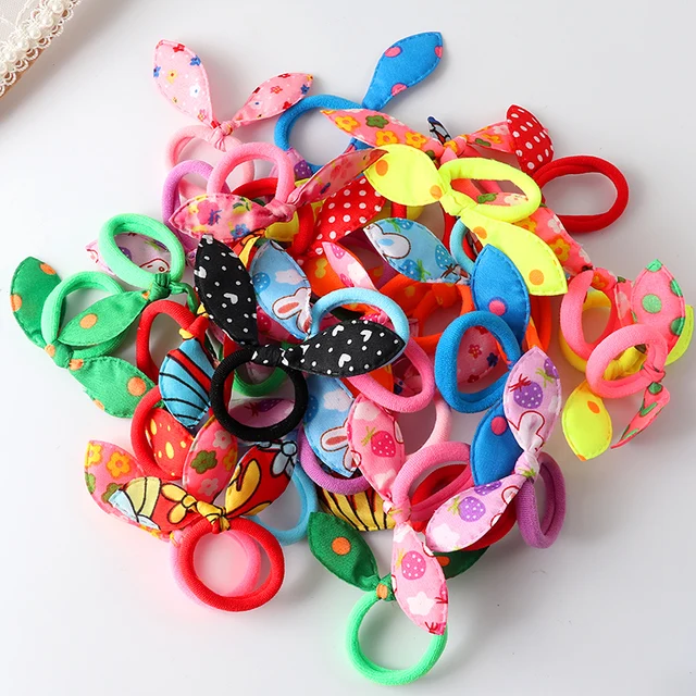 20Pcs small Rabbit ear Hair bands Girls Cute Rubber band Elastic band Baby Headwear Korean Children Hair Accessories Ornaments Color mixing