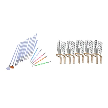 

20Pcs Nail Art Design Set Dotting Painting Polish Brush Pen Tools with 5Pc Nail Art C Curved Shape Metal Mold Silver