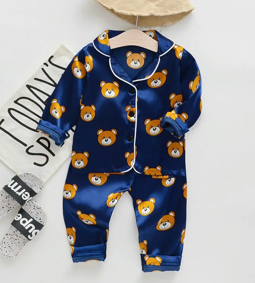 Children's Pajamas Set Summer Baby Suit Kids Clothes Toddler Boys Girls Lce Silk Satin Cartoon Printing Tops Pants 2pc Home Wear children's robe and slipper set Sleepwear & Robes