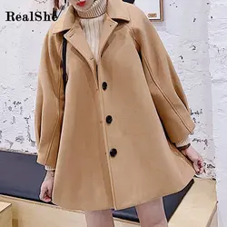 RealShe зимняя женская обувь пальто и куртки отложной воротник Кнопки Зимнее шерстяное пальто Для женщин Весенняя однотонная Толстая зимняя