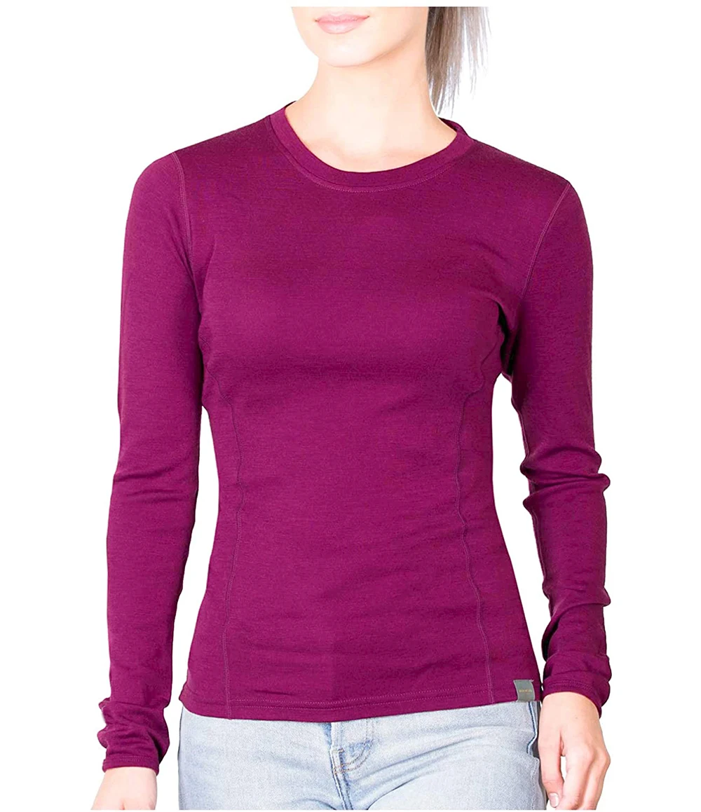 Womens 100% Merino Wool Thermal Underwear Top Crew Neck Base Layer Women Undershirt Midweight 245G Shirt Anti-Odor Size XS-XL |