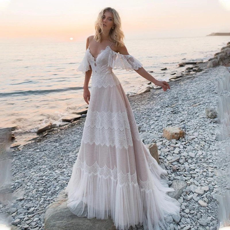 

Богемные пляжные свадебные платья на бретельках с открытой спиной в стиле бохо бежевого цвета шампанского Свадебные платья с открытыми плечами