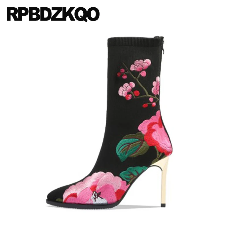 embroidered pointed toe elastic slip on embroidery shoes beige brand stiletto sock flower black metal heel boots knit high women